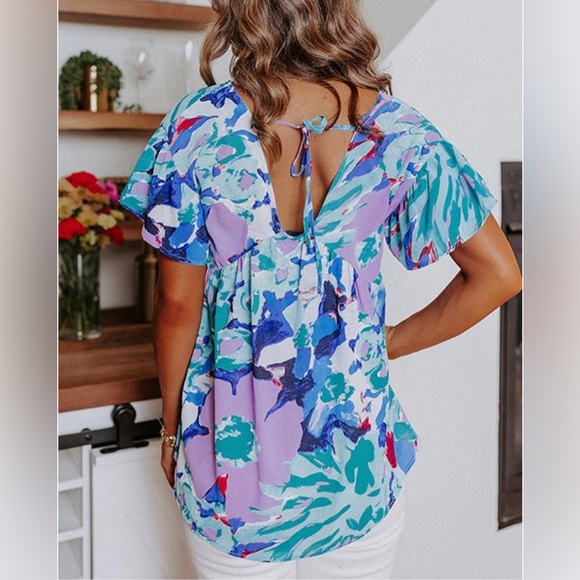 Floral V-Neck Flutter Sleeve Blouse Blue NWT XXL - Picture 2 of 5